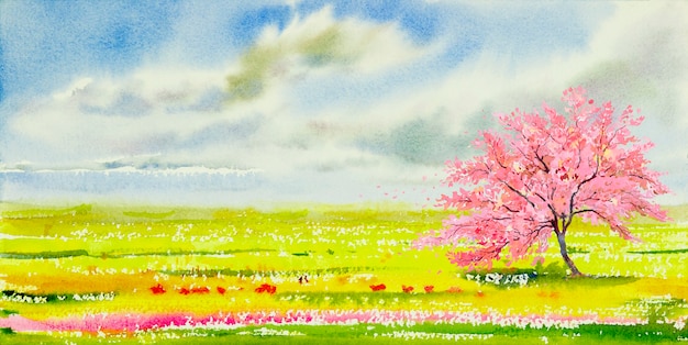 Aquarell-Landschaftsmalerei des Panoramas der Kirschblüte