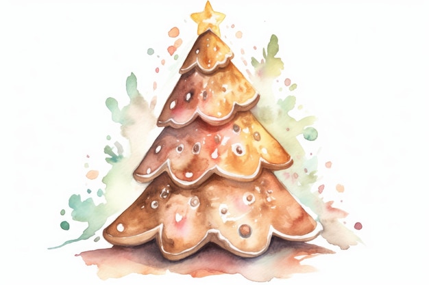 Aquarell-Lebkuchen-Weihnachtsbaumplätzchen im einzelnen Cartoon-Stil auf weißer KI generiert