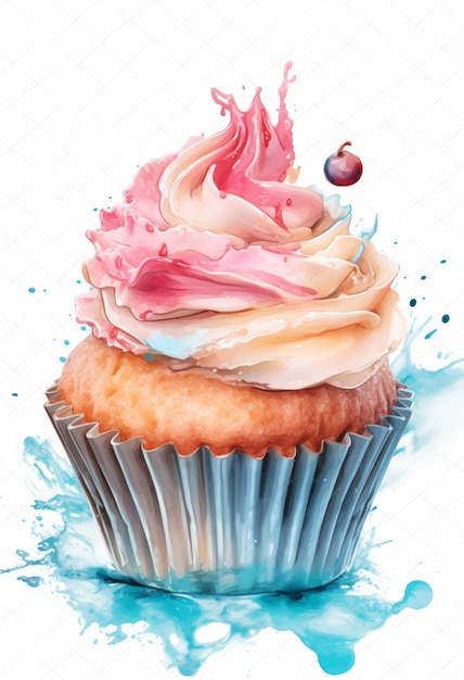 Aquarell leckerer Cupcake auf weißem Hintergrund, generative KI