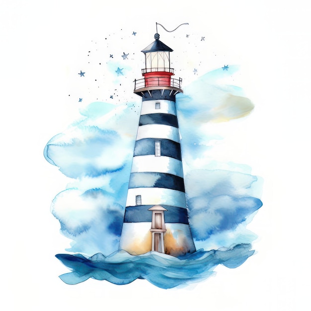 Aquarell-Leuchtturm auf der Insel Handgezeichnete Illustration auf weißem Hintergrund