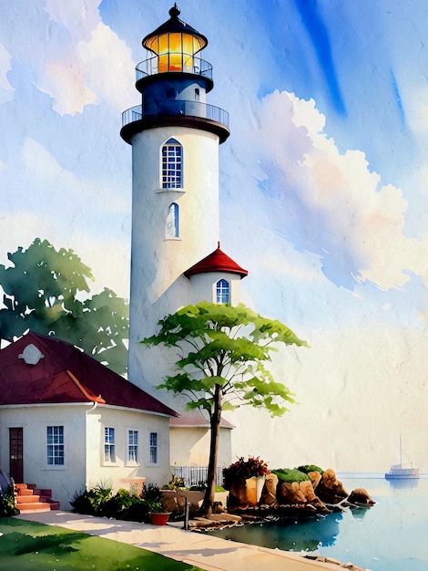 Aquarell-Leuchtturm-Gemälde, künstlerische Illustration, Reproduktion