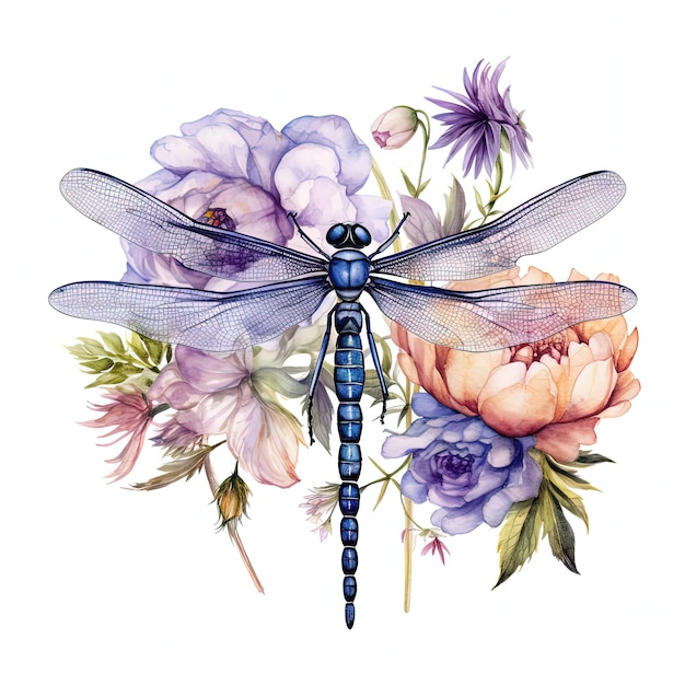 Aquarell-Libelle, botanische Illustration Illustration AI GenerativexA