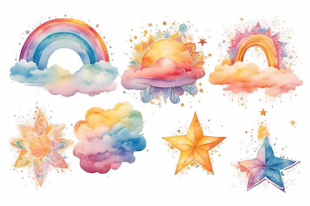 Aquarell Liebenswerter Regenbogen mit niedlichen Charakteren