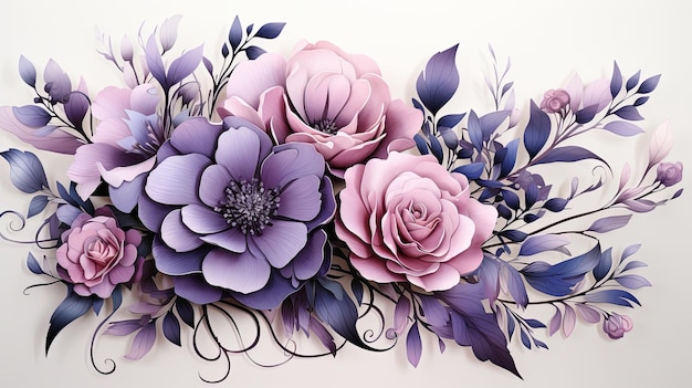 Aquarell-Lila-Rose-Blumen-Clipart-Illustration Goldblätter für Hochzeits-Einladungskarten auf weißem Hintergrund 3D-Rendering