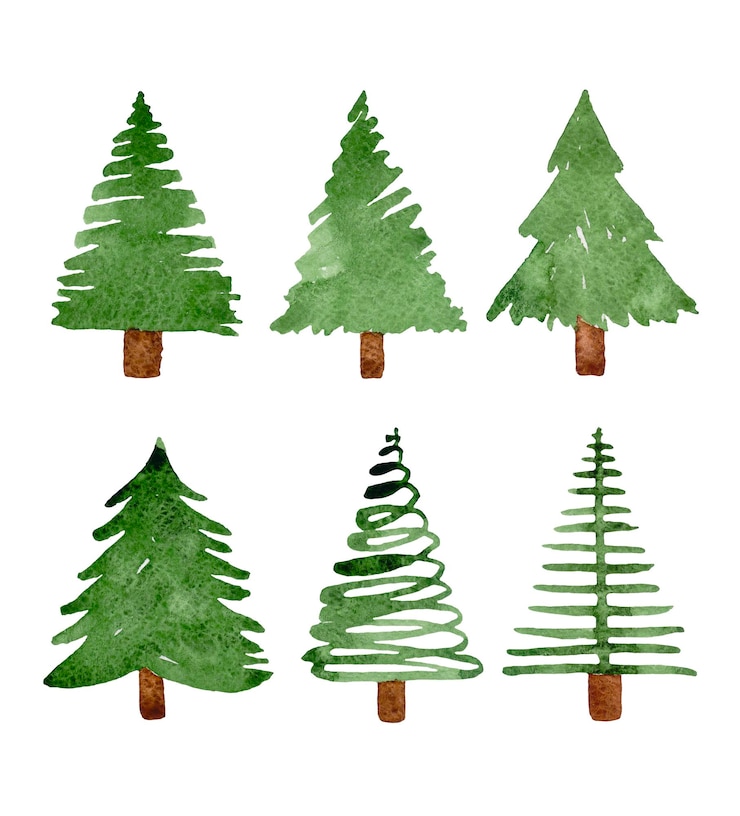 Foto aquarell lustige grüne weihnachtsbäume isoliert auf weißem hintergrund.