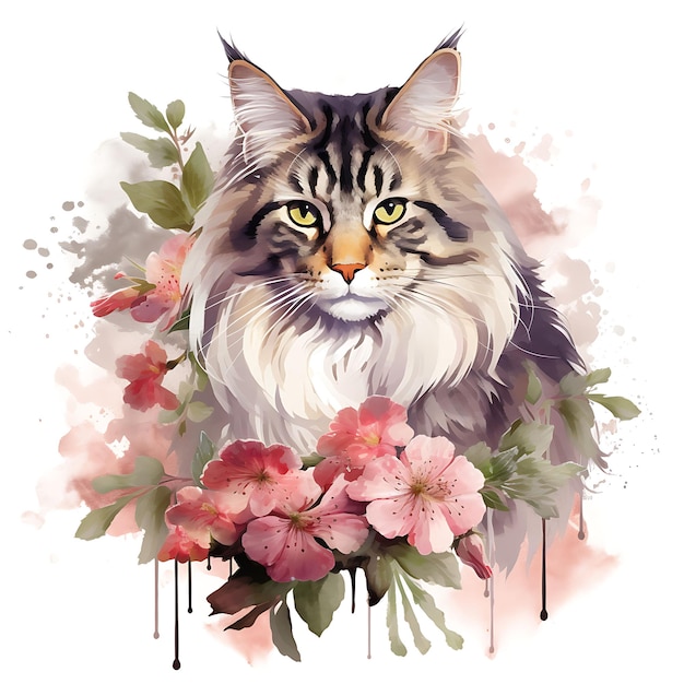 Aquarell-Maine-Coon-Katze, umgeben von Lilien, die die digitale Kunst auf weißem Hintergrund einfangen