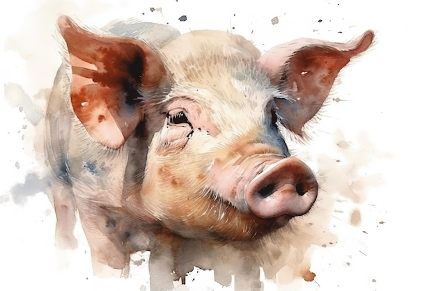 Aquarell-Malerei eines Schweins auf weißem Hintergrund Farm Animals Illustration generative AI