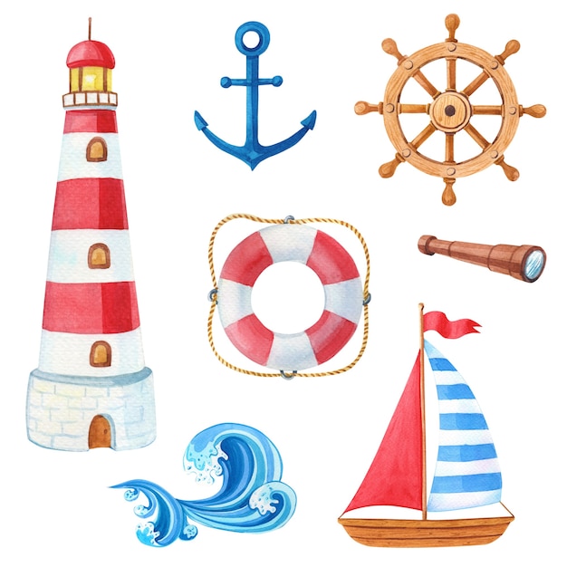 Aquarell Marine-Set aus Holzschiff, Anker, Leuchtturm, Rettungsring, Lenkrad