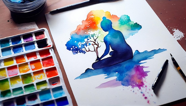 Aquarell Meditation und Achtsamkeit Lifestyle Konzeptkunst spirituelles Bewusstsein mentale Seele Gesundheit Selbstpflege gesunde Gewohnheit Generative KI