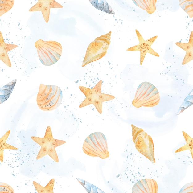Aquarell Meer nahtlose Muster von Seestern Muscheln Conch Pfingstrosen auf einem isolierten weißen Hintergrund Unterwasserwelt Handzeichnung Sommer Cliparts Postkarten Verpackung Stoffdesign Textil