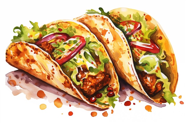 Aquarell mexikanische Tacos mit Fleisch und Gemüse auf weißem Hintergrund