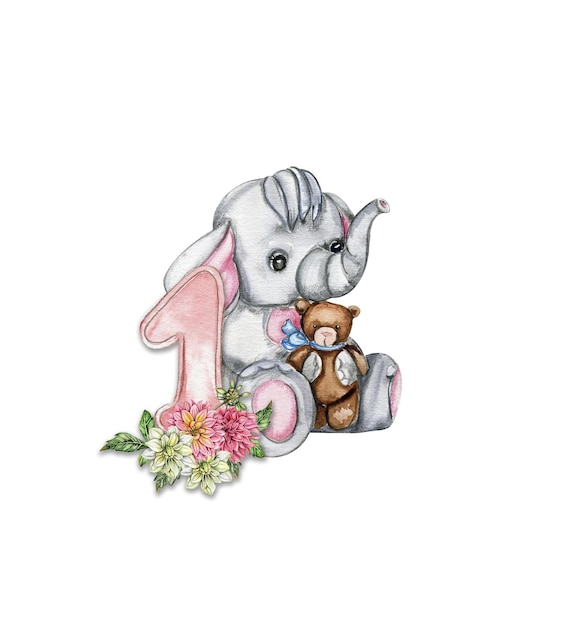 Aquarell mit der Hand gezeichneter kleiner Baby-Elefant mit Dahlia-Blüten und Zahlen-Komposition