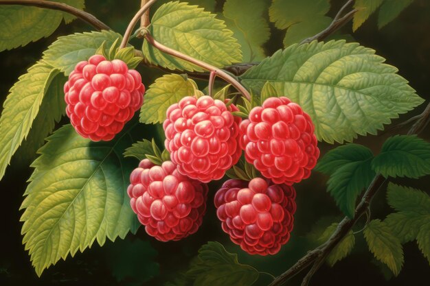 Foto aquarell mit drei himbeeren auf einem zweig mit blättern