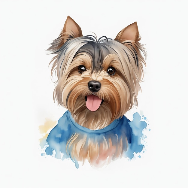 Aquarell mit süßem lächelndem Gesicht von Yorkshire Terrier auf weißem Hintergrund