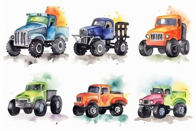 Aquarell-Monstertrucks zum Geburtstag eines Jungen auf weißem Hintergrund, von der KI generiert