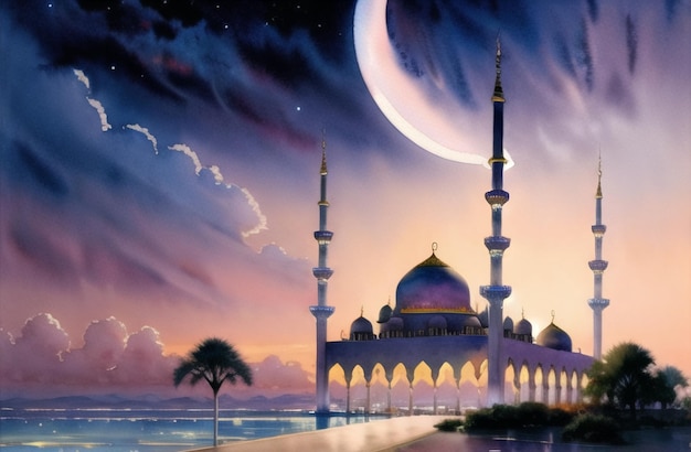 Aquarell Moschee für Ramadan Kareem Eid Grüße für muslimisches Fastenfest Islamische Kultur Heiliger Monat Generative KI