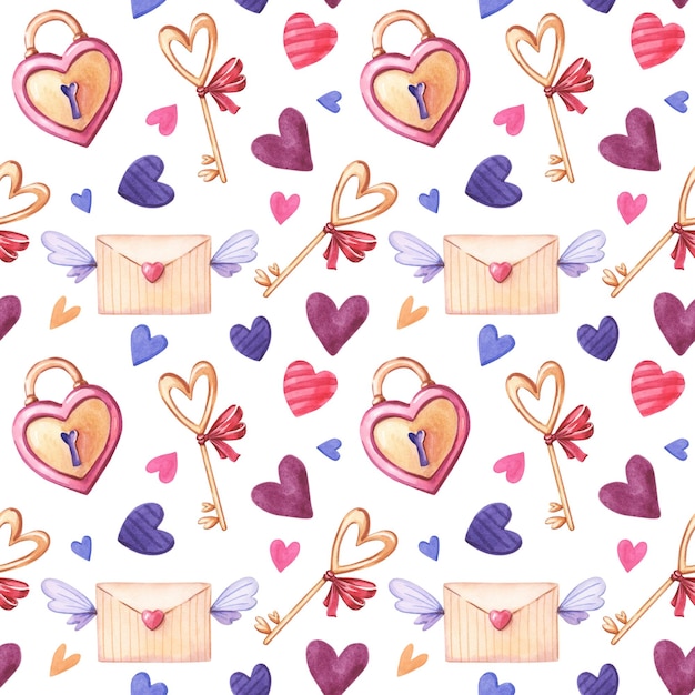 Aquarell Musterdesign aus rosa, lila Herz, Schlüssel, Umschlag auf weißem Hintergrund