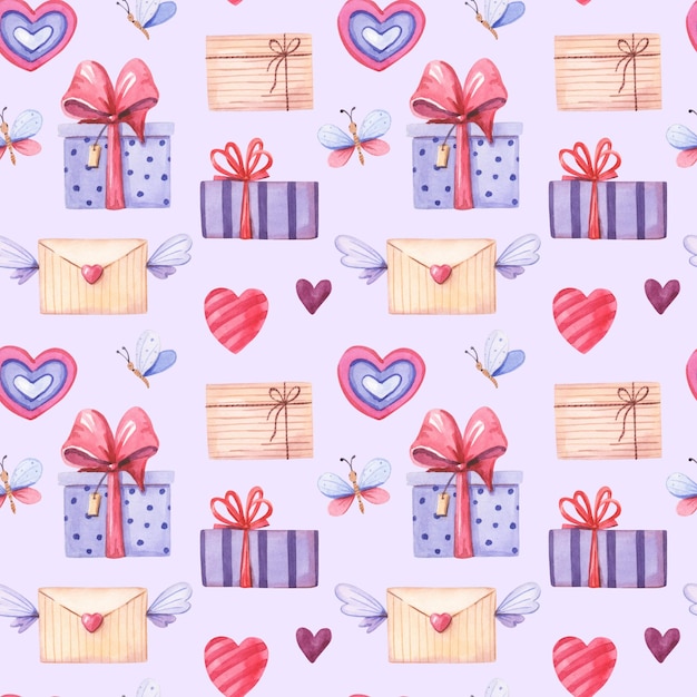 Aquarell Musterdesign aus rosa, lila Herzen und Geschenken. Valentinstag