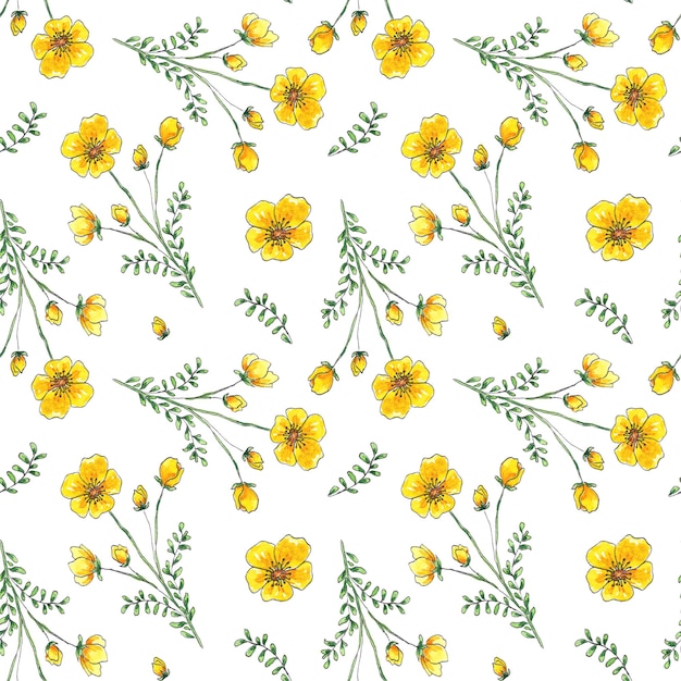 Aquarell Musterdesign gelbe Wildblumen auf weißem Hintergrund, botanische digitale Papierhochzeit