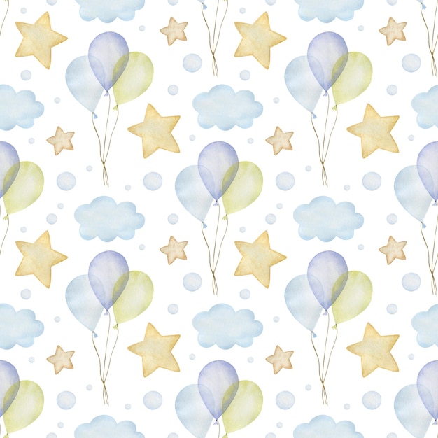 Aquarell Musterdesign Heißluftballons Wolken Sterne