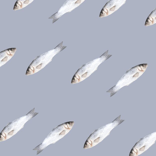 Aquarell Musterdesign mit Fisch auf grauem Hintergrund