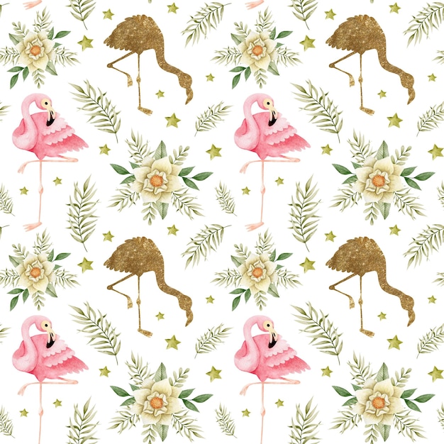 Aquarell Musterdesign mit Flamingos und tropischen Blumen.