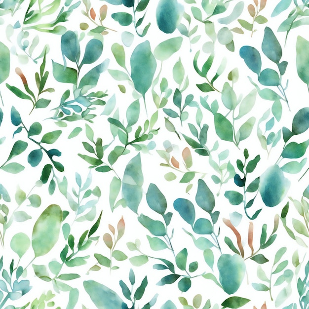 Aquarell Musterdesign mit grünen Blättern auf weißem Hintergrund.