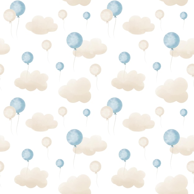 Aquarell Musterdesign mit Heißluftballons und Wolken. Handgezeichneter Hintergrund für Babytextilien