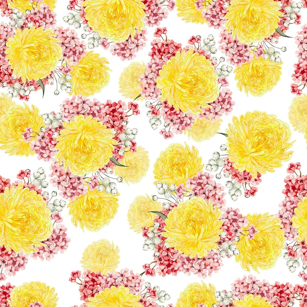 Aquarell Musterdesign mit Herbstblumen, Chrysanthemen, Beeren und Blättern