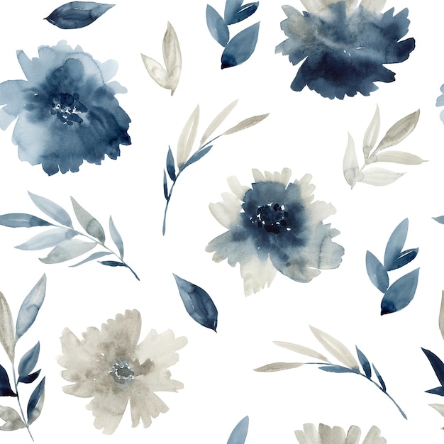 Aquarell Musterdesign mit Indigo-Blumen auf dem weißen Hintergrund