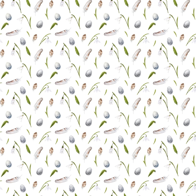 Aquarell Musterdesign mit Schneeglöckchen Vogelfedern und Eiern auf weißem Hintergrund