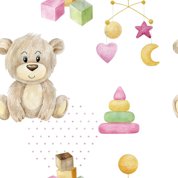 Aquarell Musterdesign mit Teddybär und Baby-Elementen für Mädchen