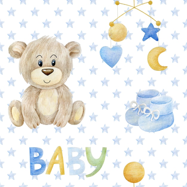 Aquarell Musterdesign mit Teddybär und Babyelementen für Jungen