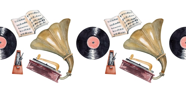 Aquarell nahtlose Grenze mit Retro-Musikinstrumenten