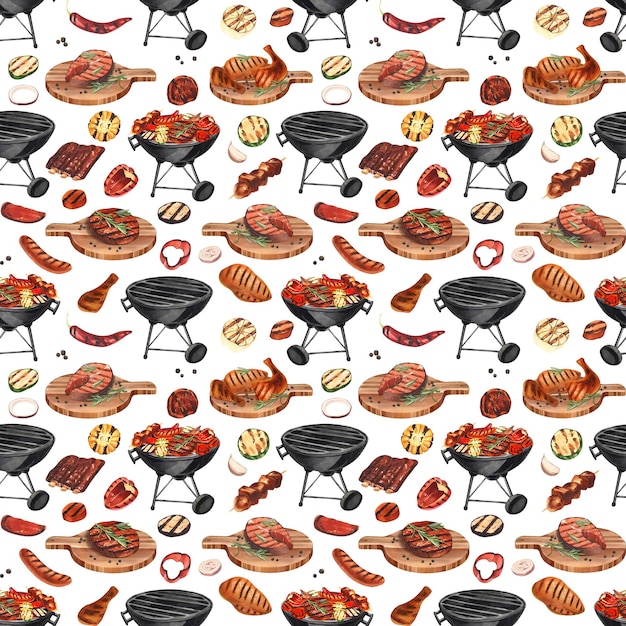 Aquarell nahtlose Muster Grillelemente zum Kochen von Grillhähnchen und Fleisch