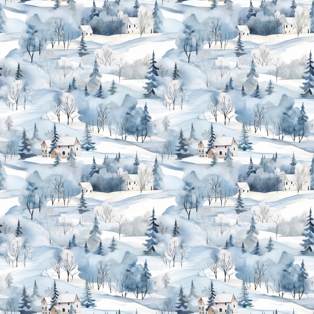 Aquarell nahtlose Muster Winterlandschaft Wald Bäume Dorf Druck digitales Papier Verpackungsstoff