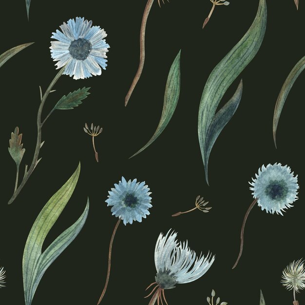 Aquarell nahtlose Musterillustration eines wilden blauen Blumen Löwenzahns und Flaumpflanze und Gras