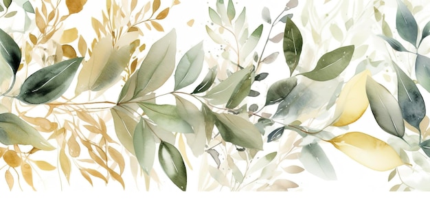 Aquarell nahtlose Randillustration mit grüngoldenen Blättern und Zweigen für Hochzeitsgrüße, Tapeten, Modehintergründe, erzeugen KI