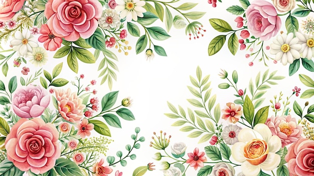 Aquarell, nahtloser Blumenrahmen mit Rosen und Blättern im Hintergrund
