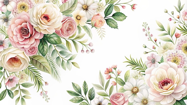 Aquarell, nahtloser Blumenrahmen mit Rosen und Blättern im Hintergrund
