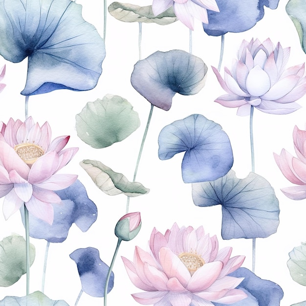 Aquarell nahtloses Muster mit Aquarell-Lotusblumen auf weißem Hintergrund.