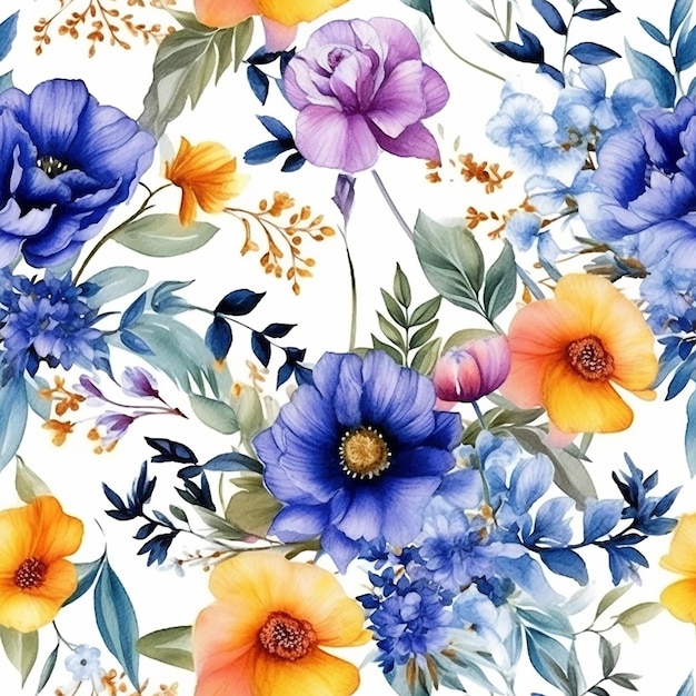 Aquarell nahtloses Muster mit Blumen auf weißem Hintergrund