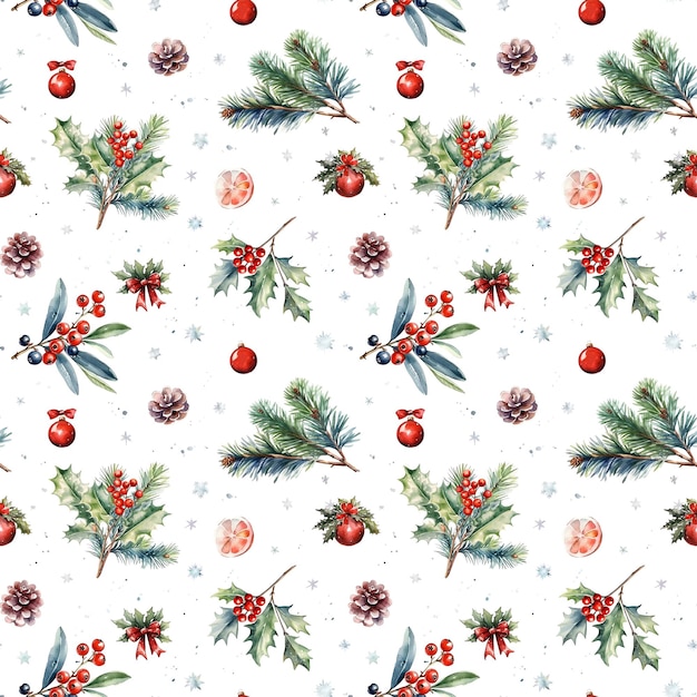Aquarell nahtloses Muster mit Stechpalmen-Fichtenzapfen, Weihnachtskugel und Schneeflocken isoliert auf weißem Hintergrund. Hergestellt mit generativer KI