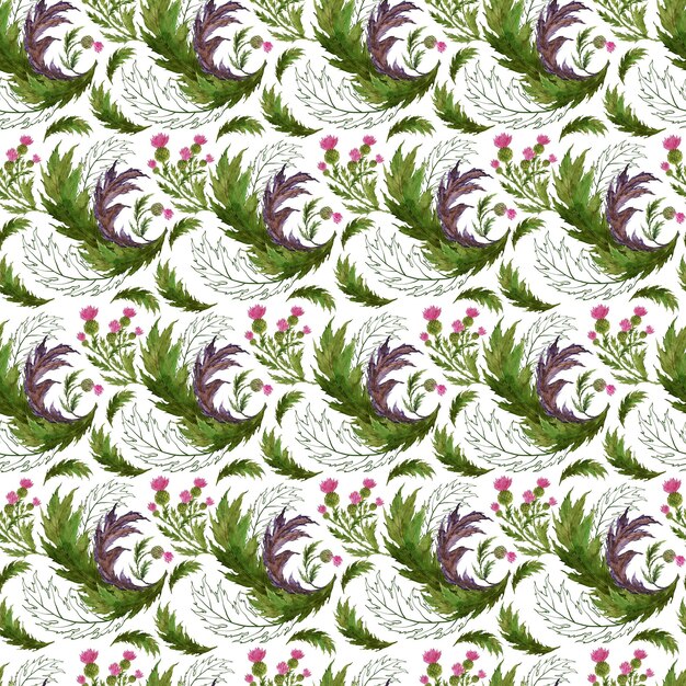 Aquarell nahtloses Muster mit stilisierten Zweigen Blüten und Blättern der Thistle-Pflanze