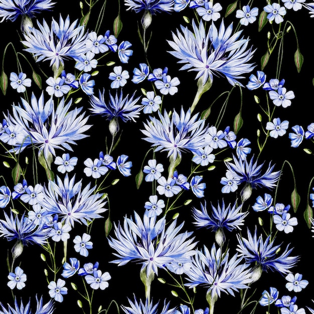 Aquarell nahtloses Muster mit Vergissmeinnicht-Blumen und Kornblumen-Illustration