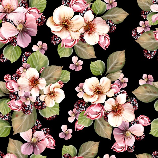Aquarell nahtloses Muster von schönen Blumen und Brombären mit grünen Blättern Illustration
