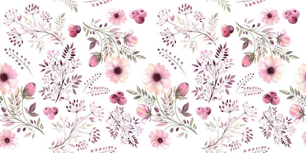 Aquarell nahtloses Muster von stilisierten Wildblumen auf weißem Hintergrund