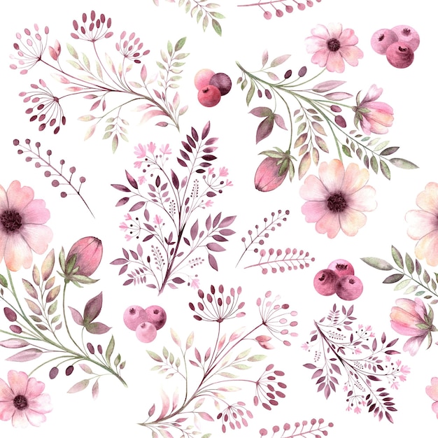 Aquarell nahtloses Muster von Wildblumen auf weißem Hintergrund