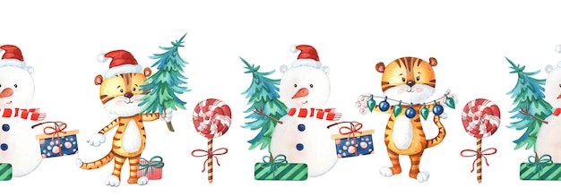 Aquarell Neujahr nahtlose Grenze mit süßen Tigern, Schneemann, Weihnachtsbaum, Geschenkbox