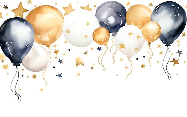 Aquarell Neujahrsrahmen Oval Gold Sterne Luftballons